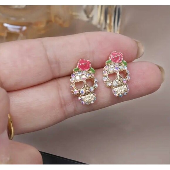 Rose Crystal Skull Halloween Stud Earrings - Picture 3 of 4